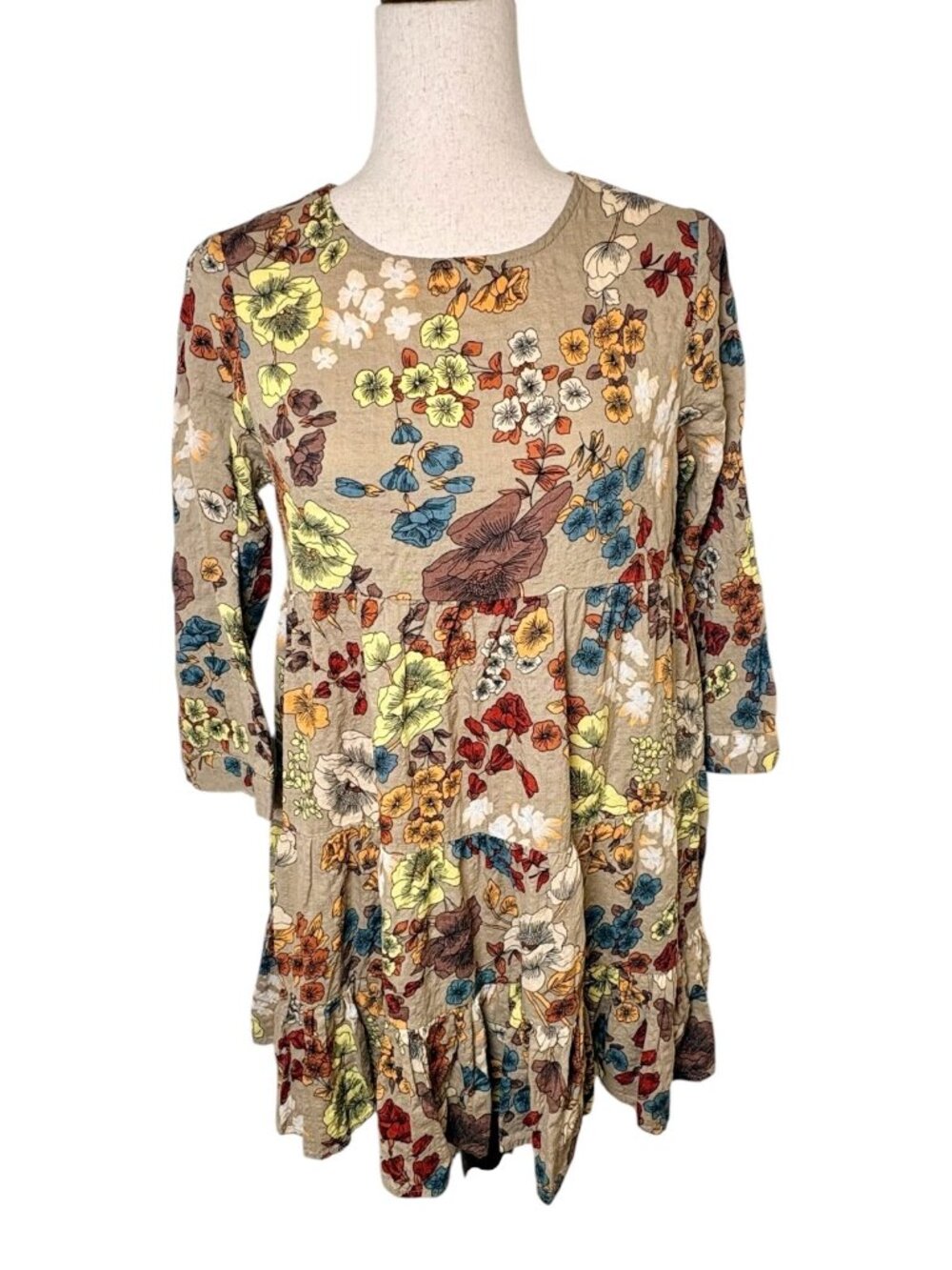 Natural Life Tan Red Blue Floral Mini Dress Size Small